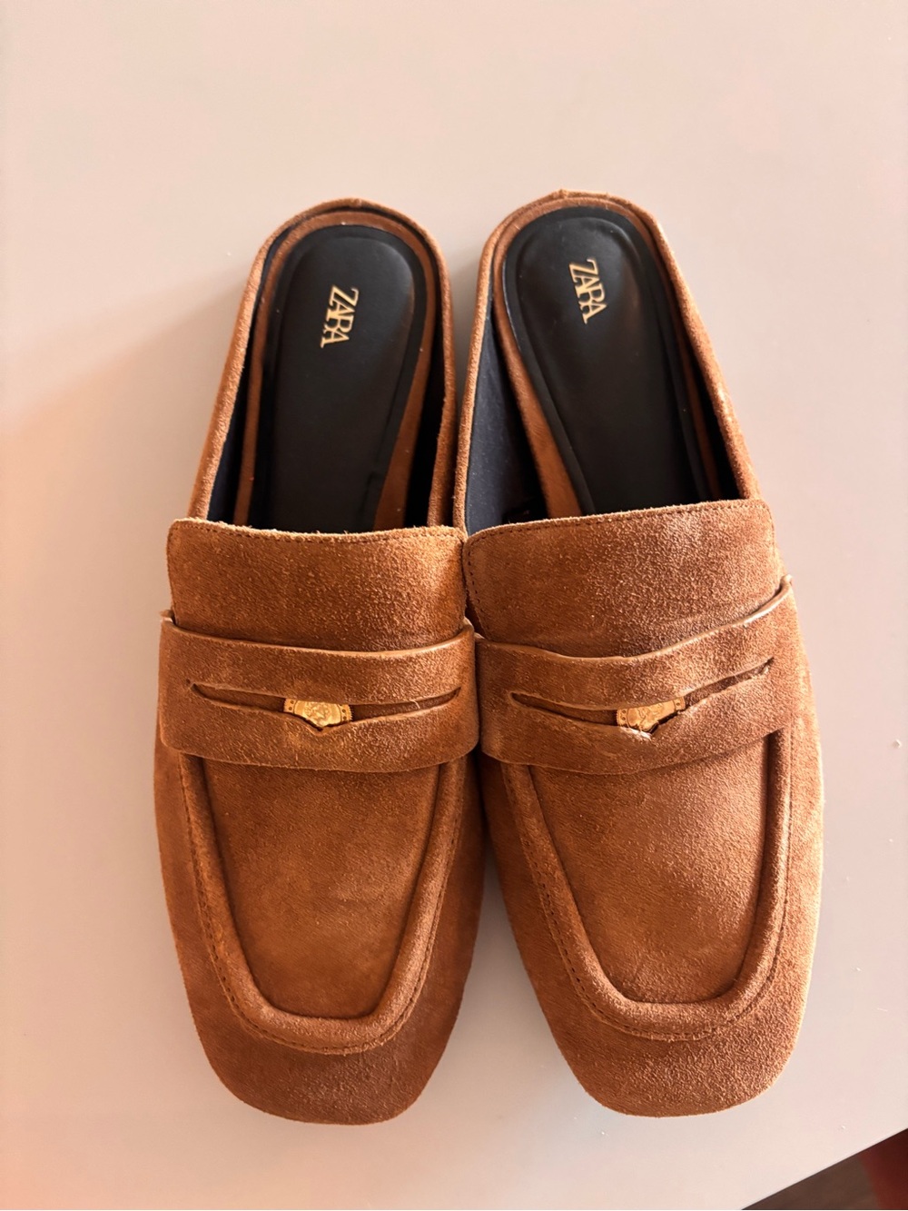 ZARA Tan Suede Slip-On Loafers with Gold Accent